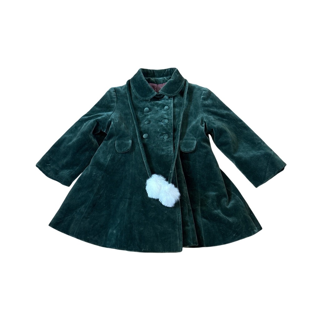 Rothschild Velvet Dress Coat Kids Green Vintage Double Breasted Pom Pom SIZE 2T